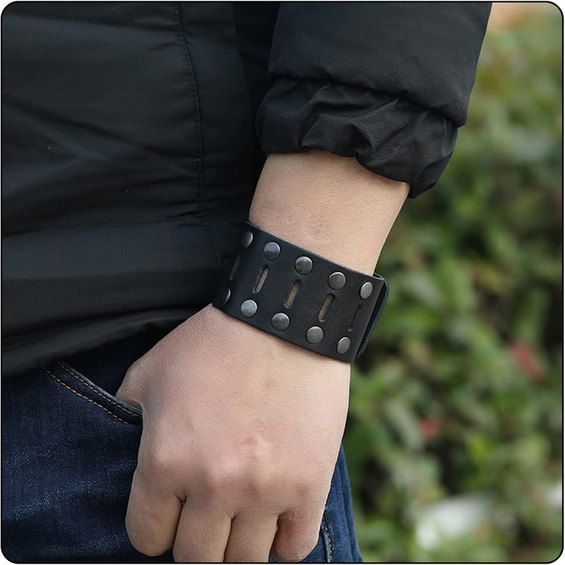 Fusamk Punk Rock Double Row Rivets Wristband Hollow Wide Leather Cuff Bracelet - Image 2